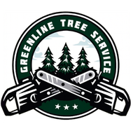 Greenline Tree Service logo: Crossed chainsaws over forest, circular emblem, green and white.