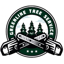 Greenline Tree Service logo: Crossed chainsaws over forest, circular emblem, green and white.