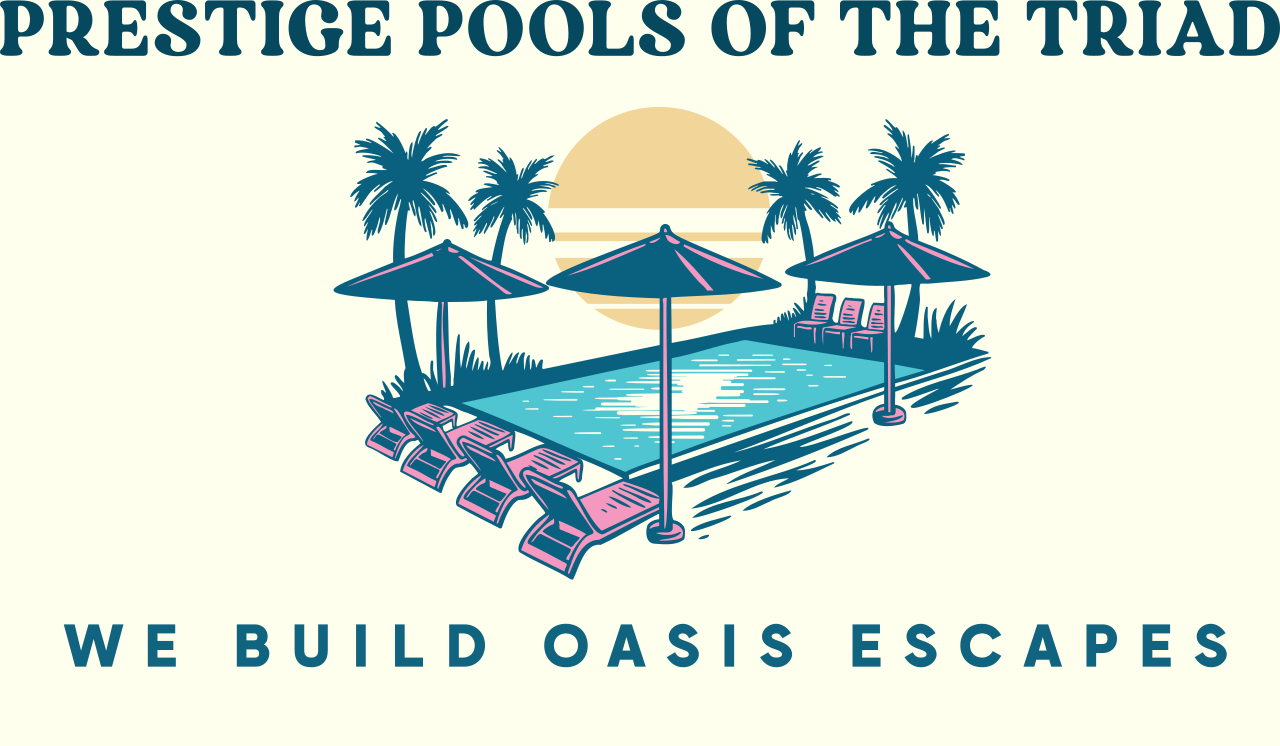The logo for Prestige Pools of the Triad shows a man working on a pool