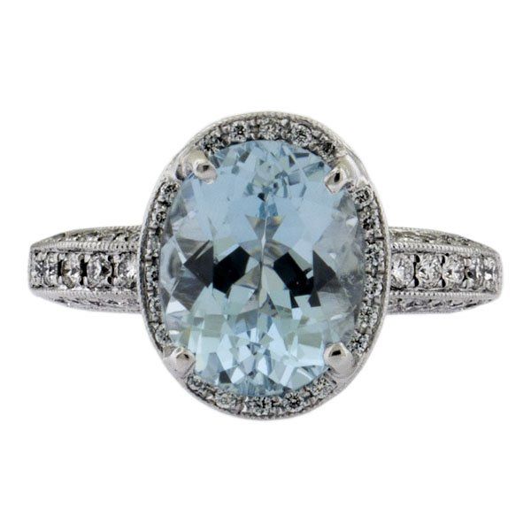 Aquamarine and Diamonds Ring set in 18k white gold