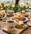 A breakfast spread on a table outdoors, featuring breakfast sandwiches, tacos, pancakes, waffles, and cups of coffee.