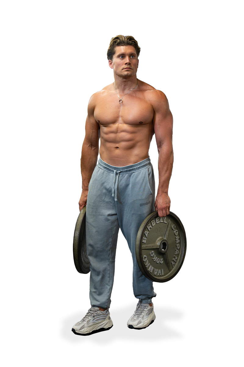 A shirtless man is holding two weight plates in his hands.
