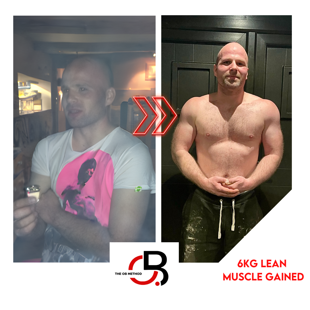 A before and after picture of a man 's muscle gain