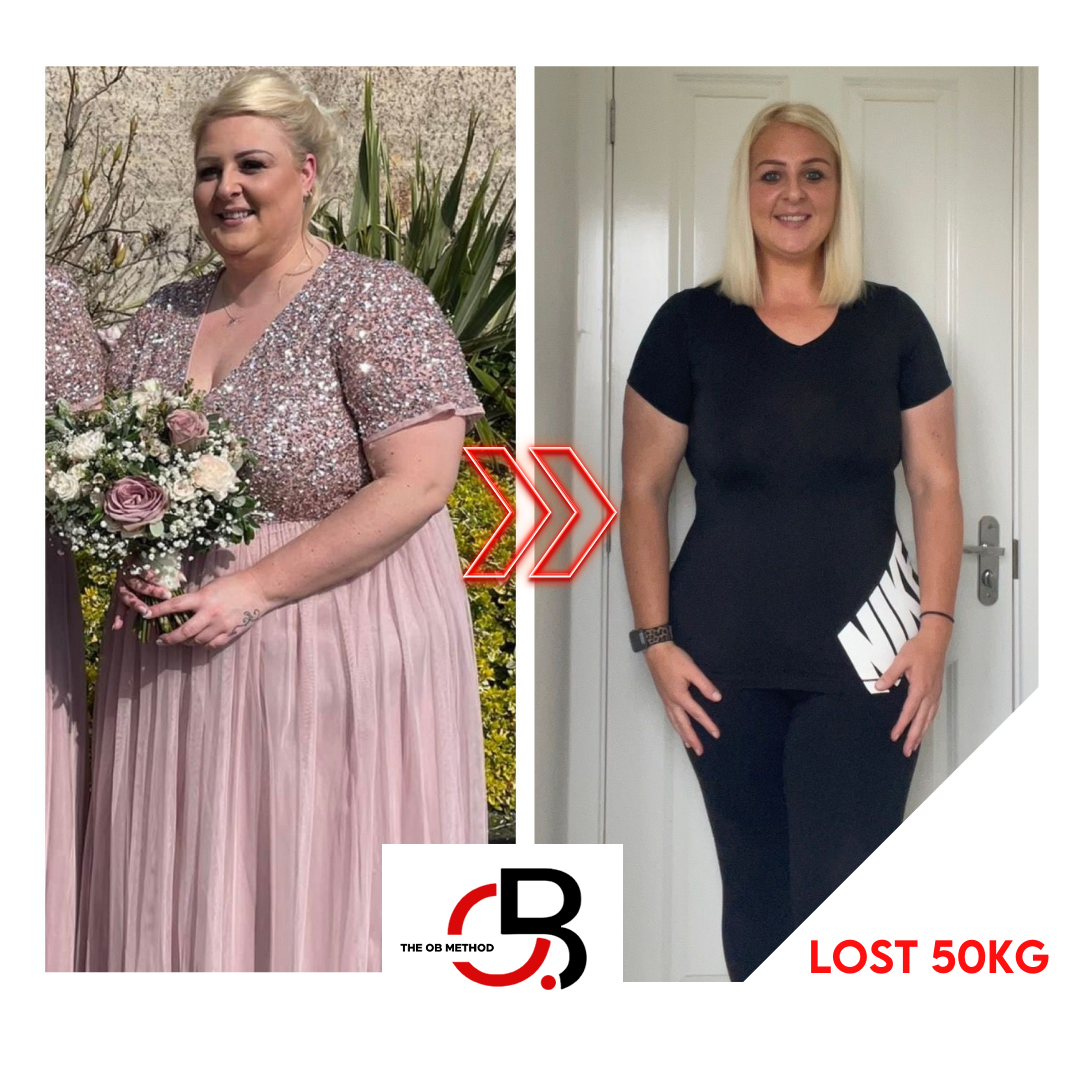 A before and after photo of a woman who lost 50kg