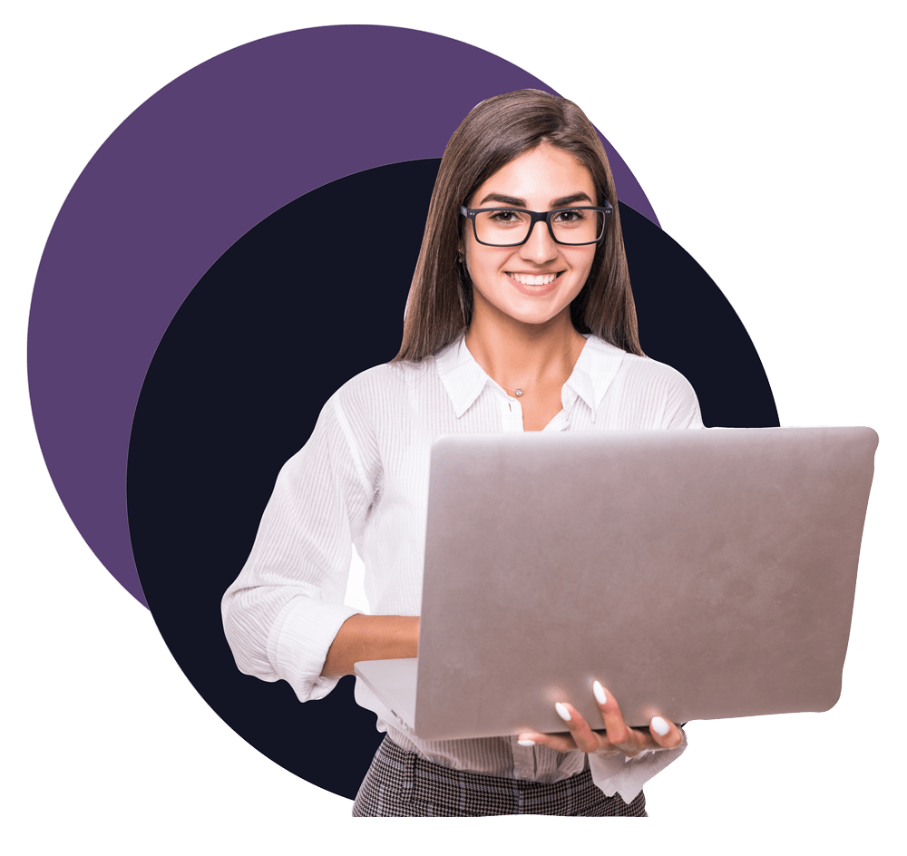 Image of woman smiling and holding laptop in her hands.