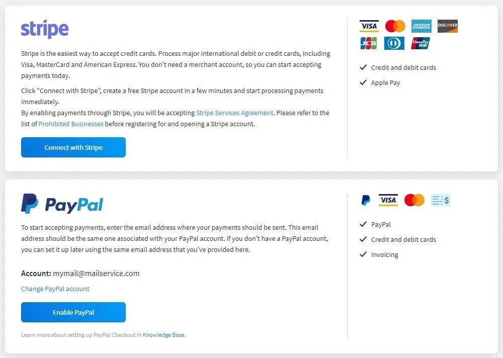 Screenshot of payment methods accepted thru Apex Design website editor