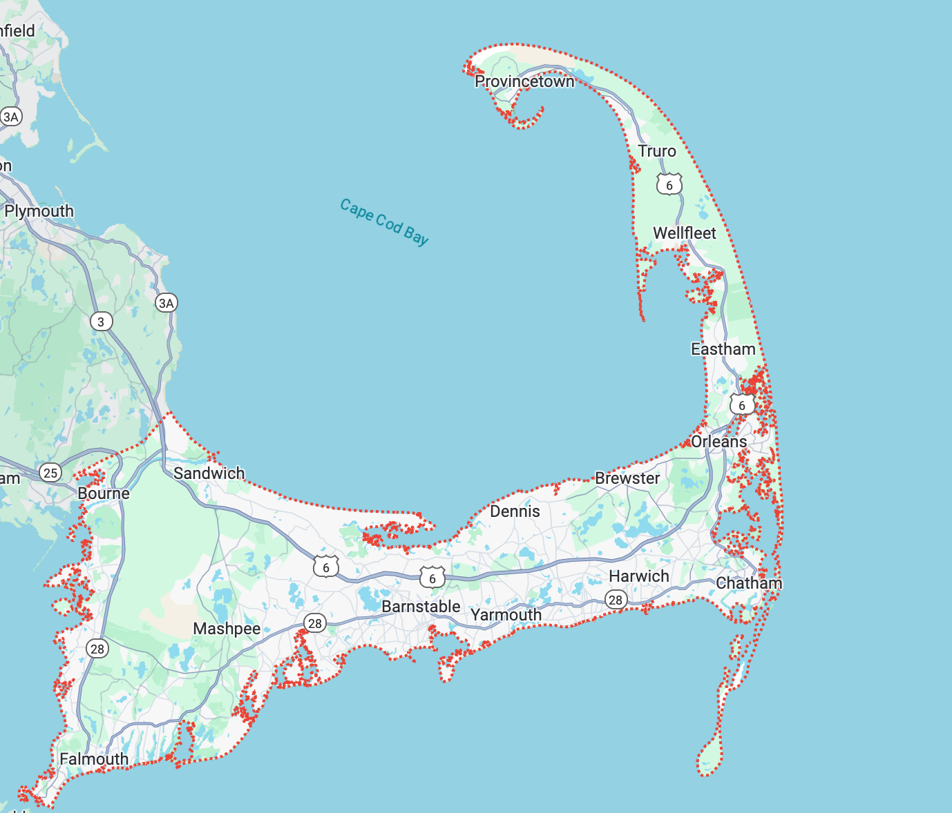 Map of Cape Cod, Massachusetts, showing the peninsula's shape, roads, towns, and Cape Cod Bay.