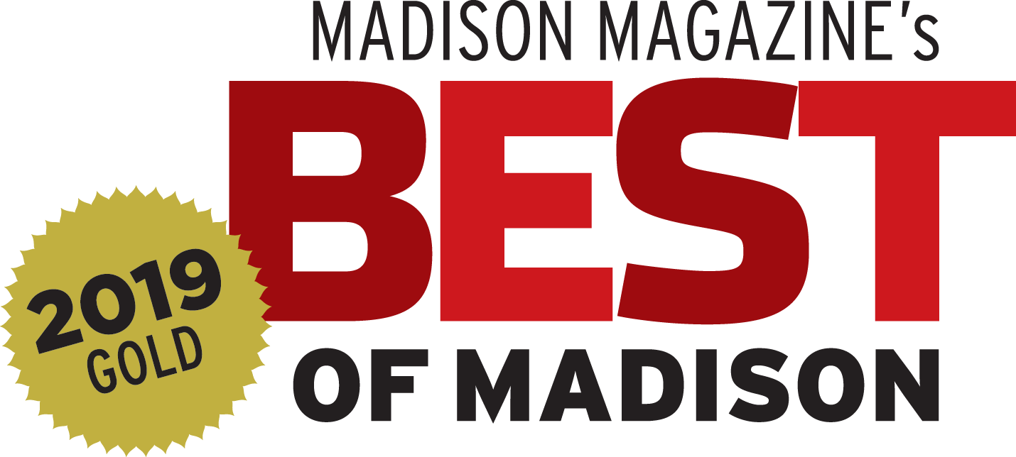 The logo for madison magazine 's best of madison is red and gold.