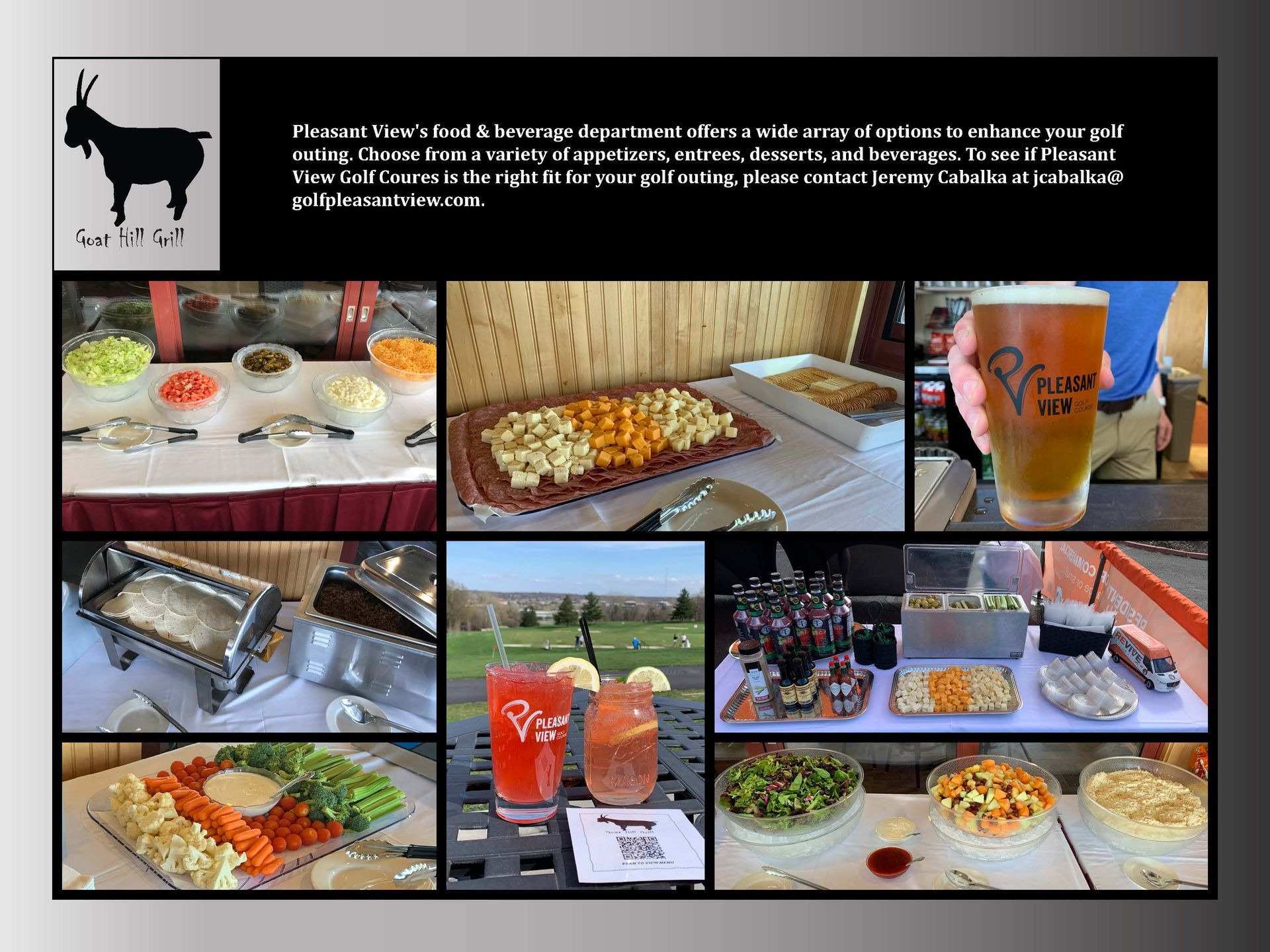 A collage of pictures of food and drinks on a table.