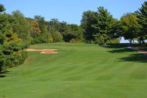 A golf course with a lot of green grass and trees in the background