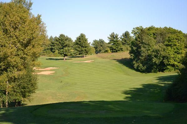 A golf course surrounded by trees on a sunny day