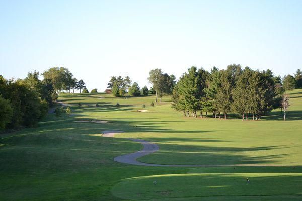 A golf course with trees on the side of it