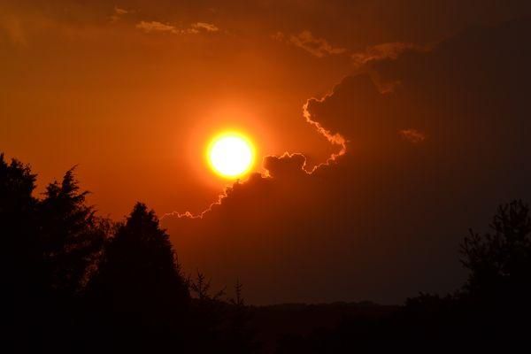 The sun is setting behind a cloudy sky with trees in the foreground.