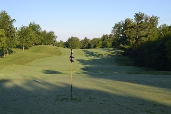 A golf course with a flag on the green