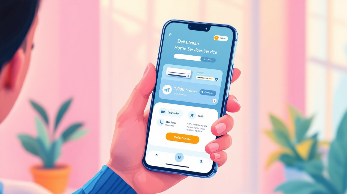 Una mano sostiene un teléfono inteligente que muestra una interfaz azul claro con iconos de aplicaciones y texto, sobre un fondo suave de interior.