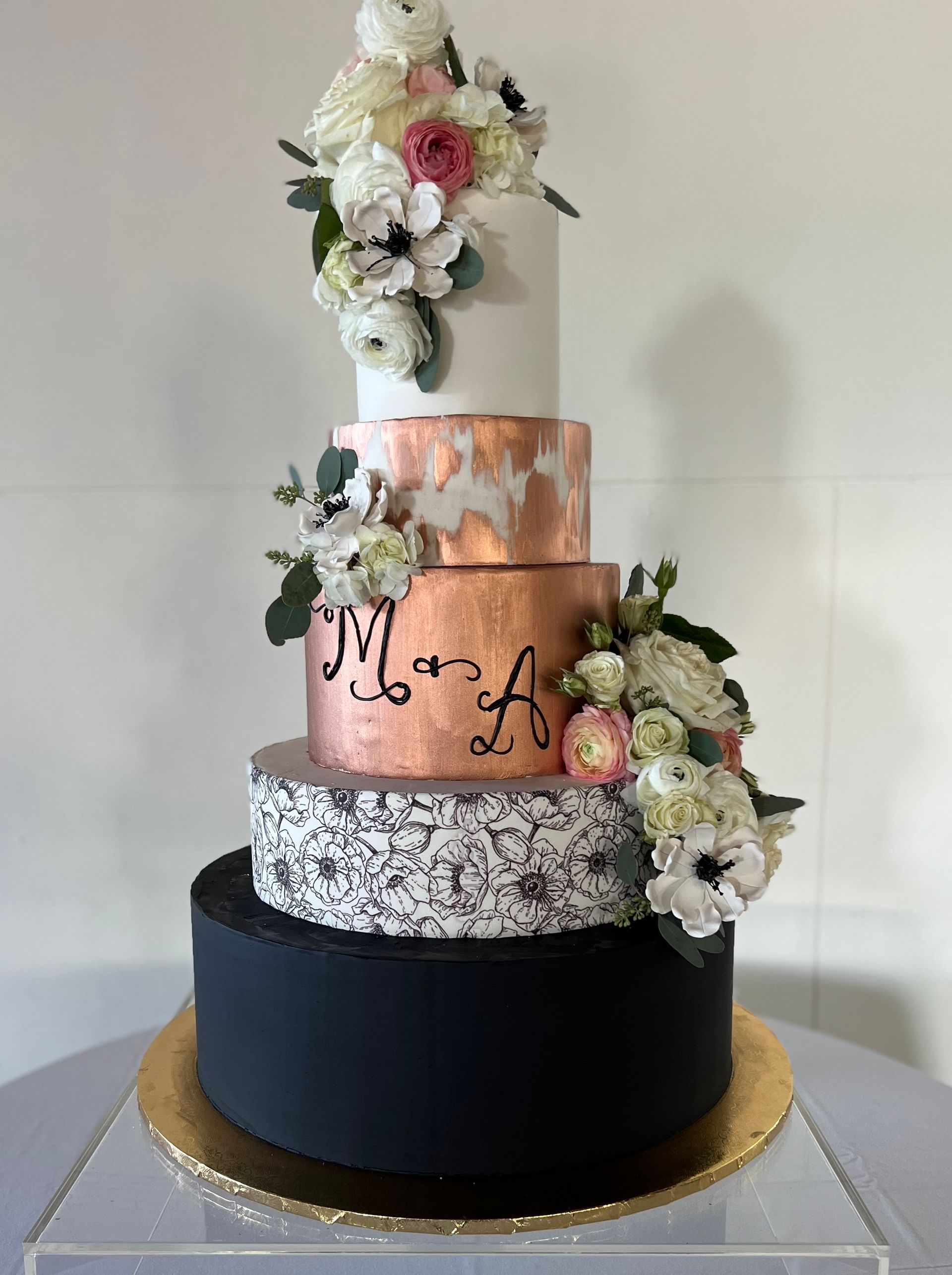 a wedding cake with flowers on top of it is sitting on a table .