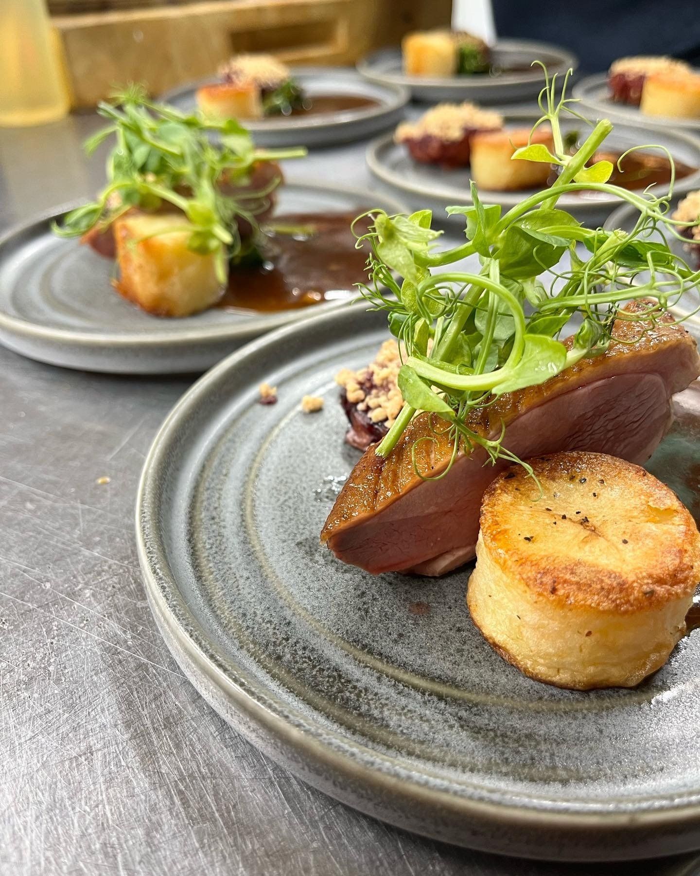 A close up of a plate of food on a table.