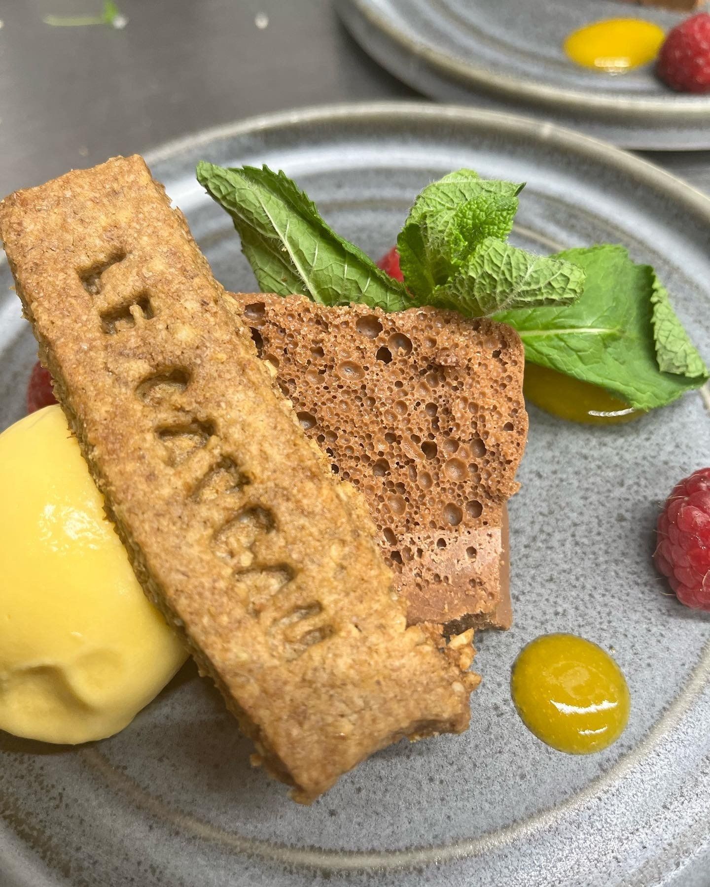 A close up of a plate of food on a table