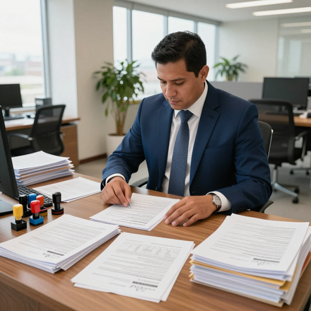 Hombre con traje azul revisando documentos en un escritorio en una oficina moderna.
