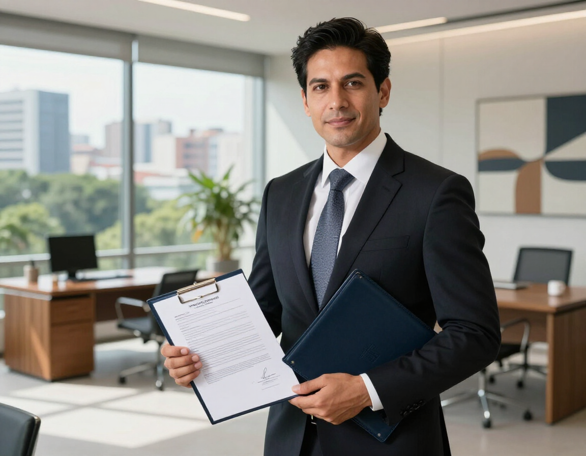 Profesional de negocios con portapapeles y carpeta en una oficina moderna con escritorios y grandes ventanas.