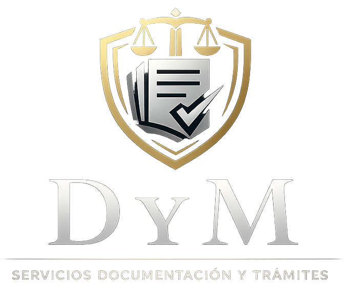 Gold shield logo with scales, document and checkmark above “DYM” and “Servicios Documentación y Trámites”