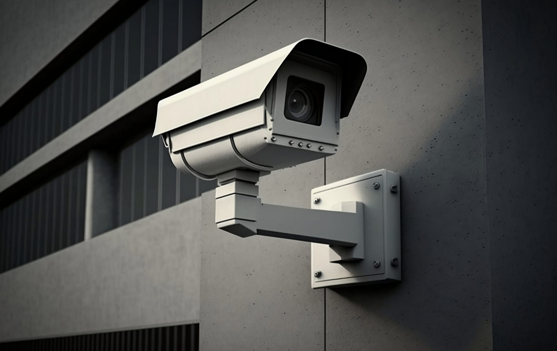 A security camera is mounted on the side of a building
