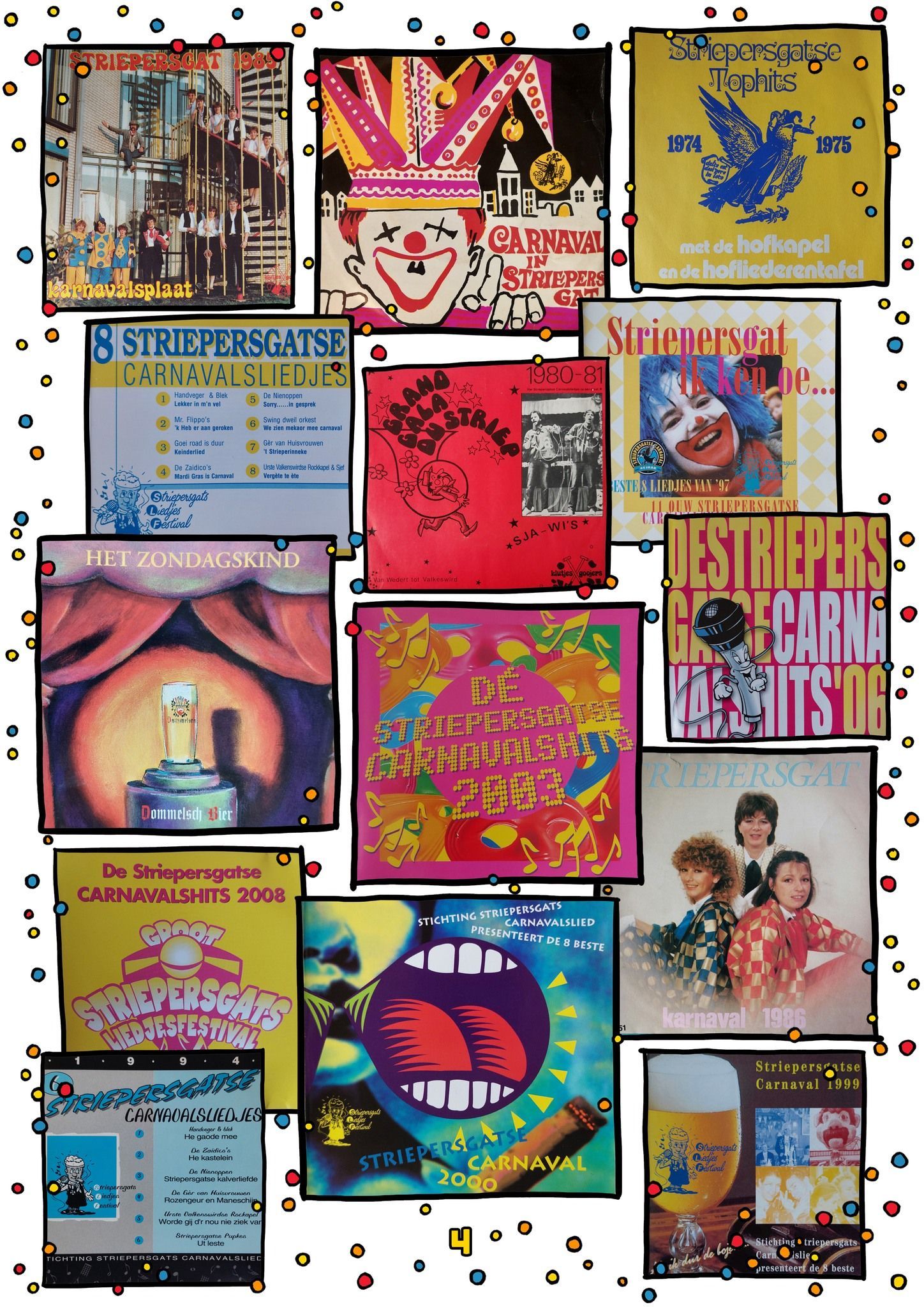 Een collage van vintage albumhoezen met diverse illustraties, waaronder een clown, een vogel en een open mond.