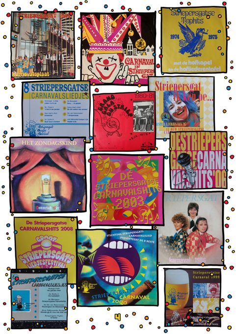 Een collage van vintage albumhoezen met diverse illustraties, waaronder een clown, een vogel en een open mond.