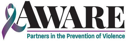 AWARE logo with a teal and purple ribbon forming the letter A, text reading 