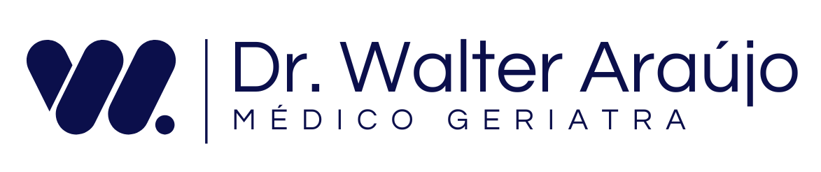 Logo for Dr. Walter Araújo, featuring a dark blue symbol and text: