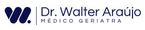Logo for Dr. Walter Araújo, featuring a dark blue symbol and text: "Dr. Walter Araújo MÉDICO GERIATRA".
