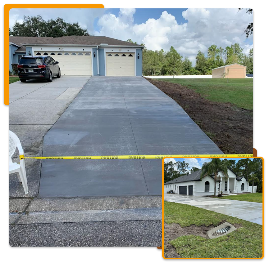 Concrete driveway repair; home with blue garage doors. Yellow tape blocking off the work. Inset of another damaged driveway.