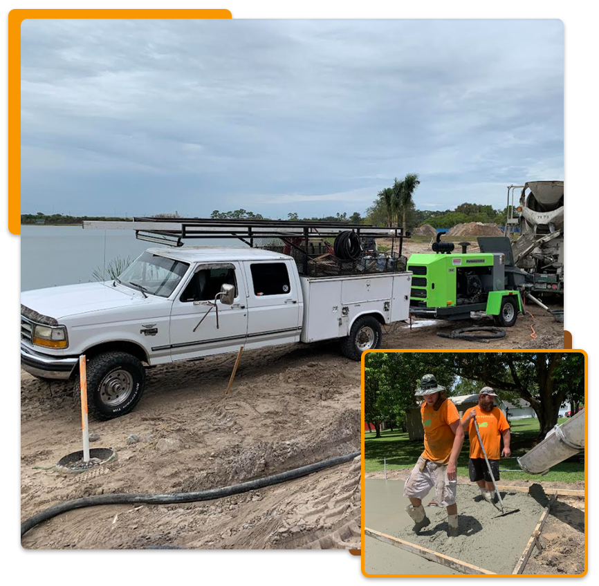 White work truck with equipment, green concrete pump, and workers laying concrete near water.