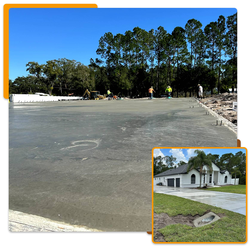 Concrete driveway being poured, workers in background. House with freshly sodded lawn in inset.