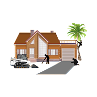 House with construction, people working, bobcat, and palm tree.