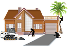 House with workers: landscaping, tree trimming, and driveway work.