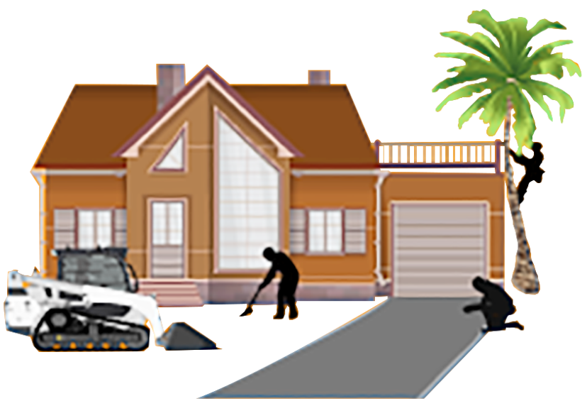 House with workers: landscaping, tree trimming, and driveway work.