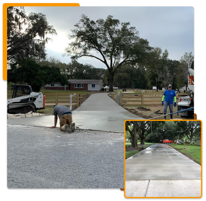 Concrete driveway being poured with two workers and construction equipment.