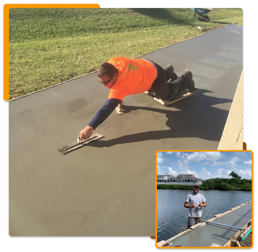 Man smoothing concrete with a trowel, outdoors. Inset: Man standing by water with a concrete surface.