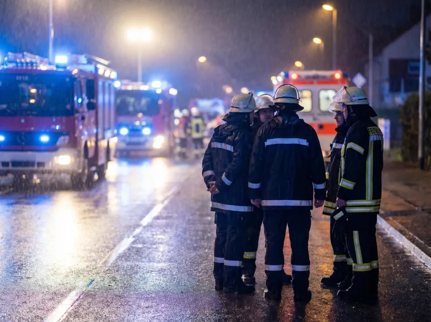 Feuerwehrleute stehen nachts auf einer nassen Straße, hinter ihnen Einsatzfahrzeuge mit Blaulicht.