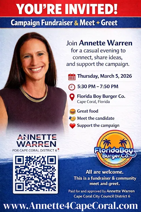 Three people at a table with microphones; broadcasting for Cape Coral Radio, in front of a brick wall.
