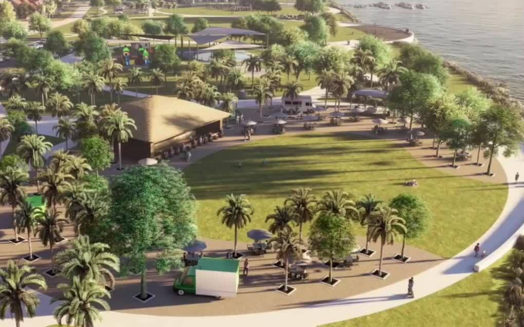 Park rendering: grassy area with stage, palm trees, walkway along water.