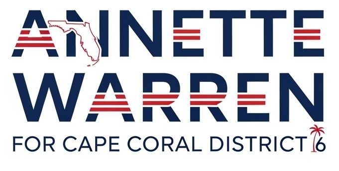 Annette Warren campaign logo, Florida map, blue letters with red stripes, 