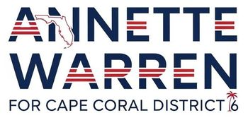 Annette Warren campaign logo, Florida map, blue letters with red stripes, 