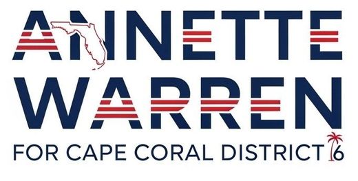 Annette Warren campaign logo, Florida map, blue letters with red stripes,