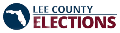 Lee County Elections logo with a dark blue circle with a white outline of Florida. 