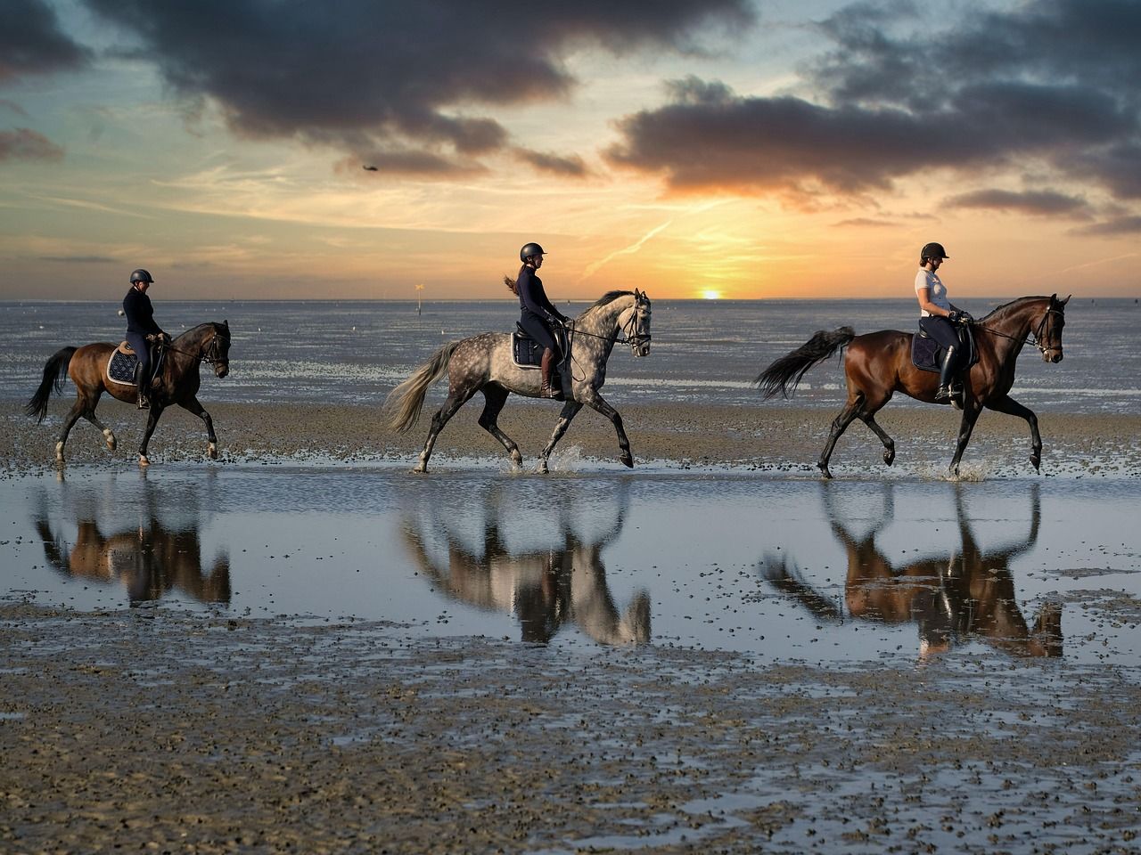 Drie ruiters te paard op het strand bij een ondergaande zon