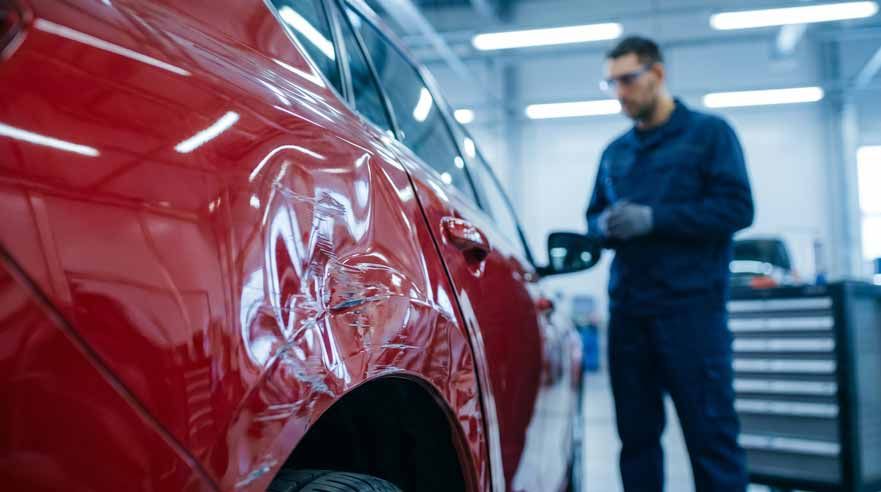 Professional auto body repair service. Close-up of a damaged red car fender after a collision, with a blurred mechanic in a modern garage background Professional auto body repair service. Close-up of a damaged red car fender after a collision, with a blurred mechanic in a modern garage background