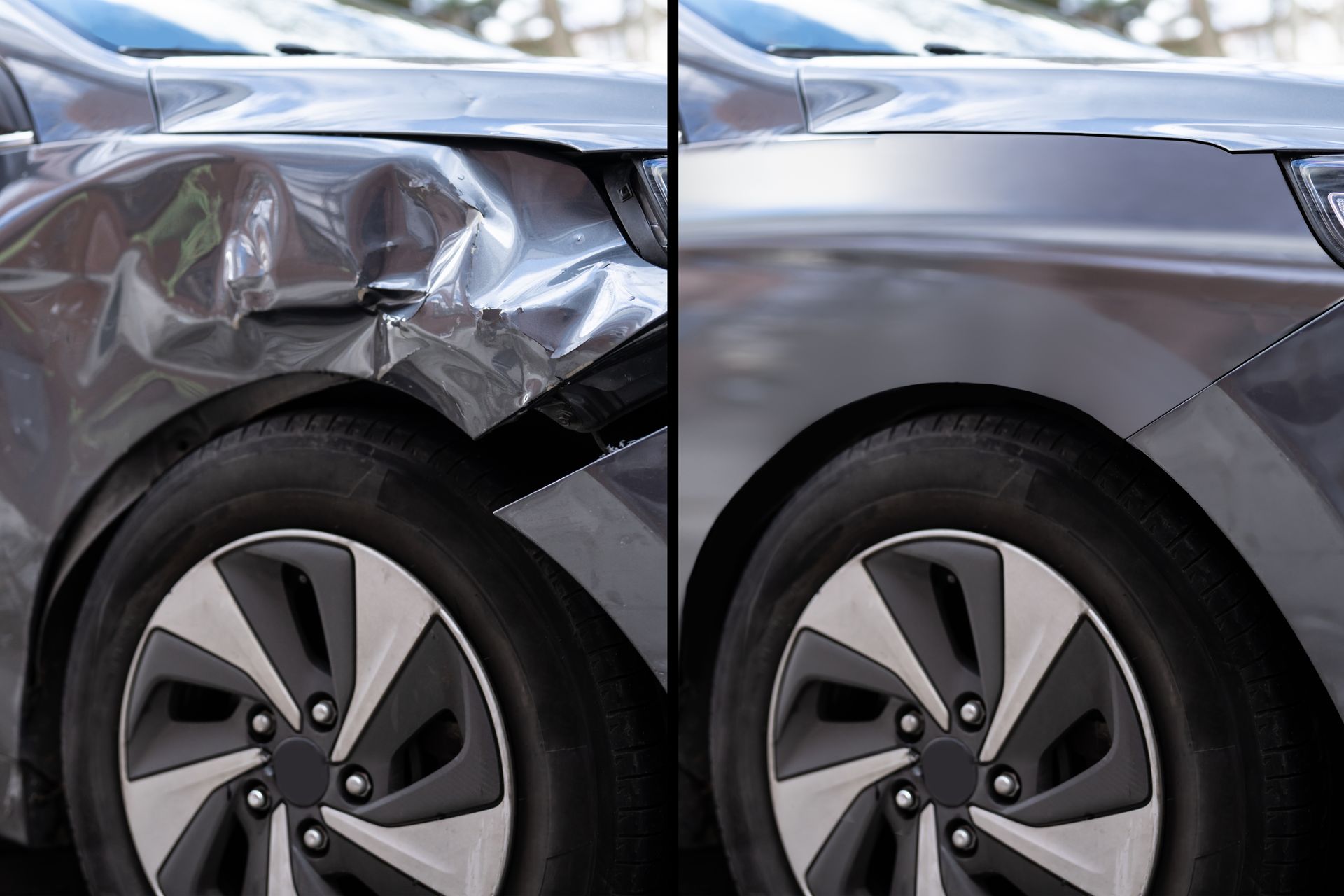 Before and after results of professional auto collision repair on a dented silver car fender. Before and after results of professional auto collision repair on a dented silver car fender.