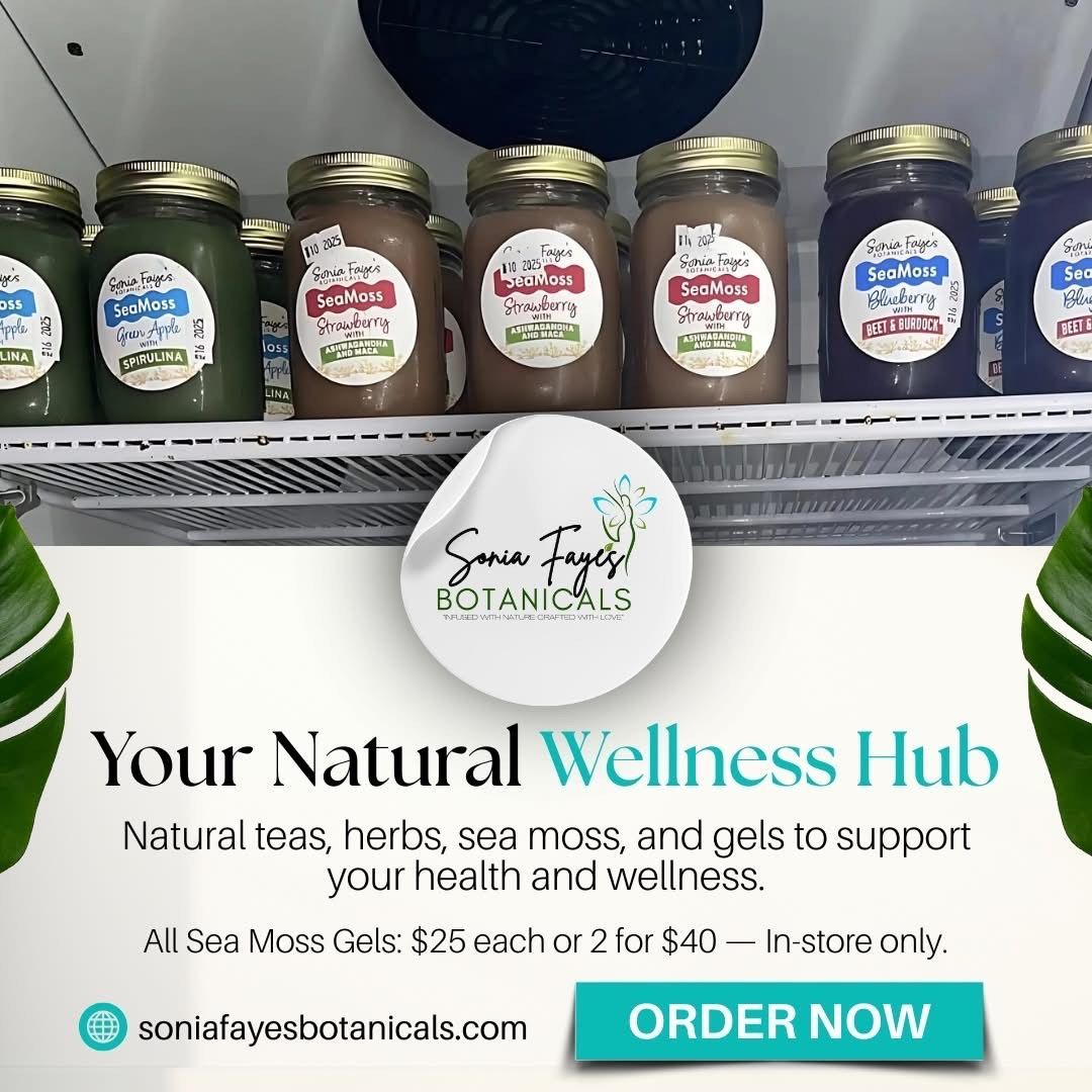 An advertisement for a natural wellness hub with jars on a shelf.